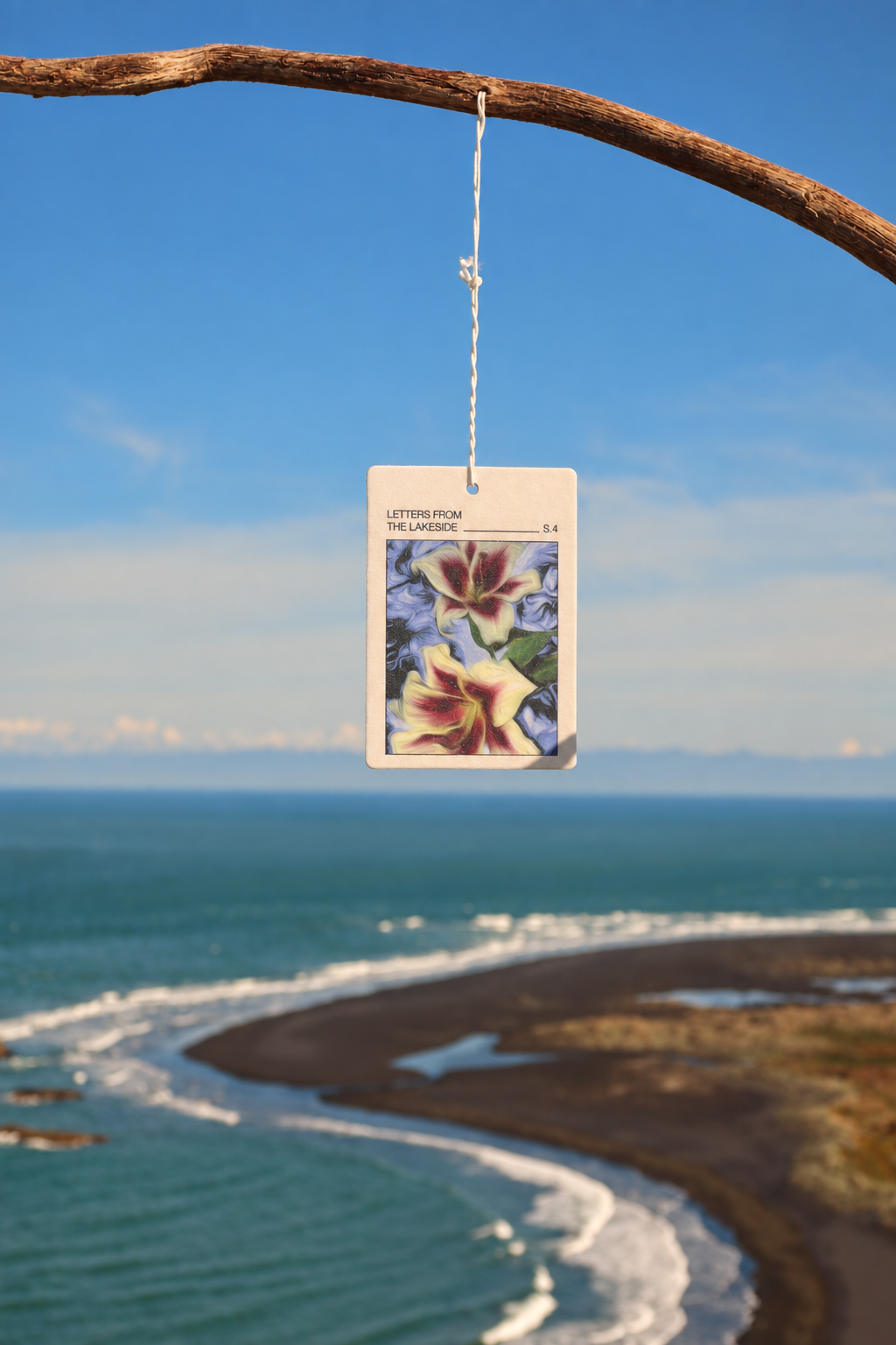 Season IV Letters from the Lakeside air freshener hanging from a branch above the coast